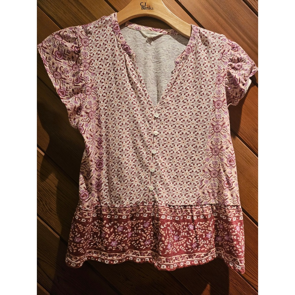 Lucky Brand Womens Shades pink Floral Paisley Peplum Button V-Neck Blouse Size M